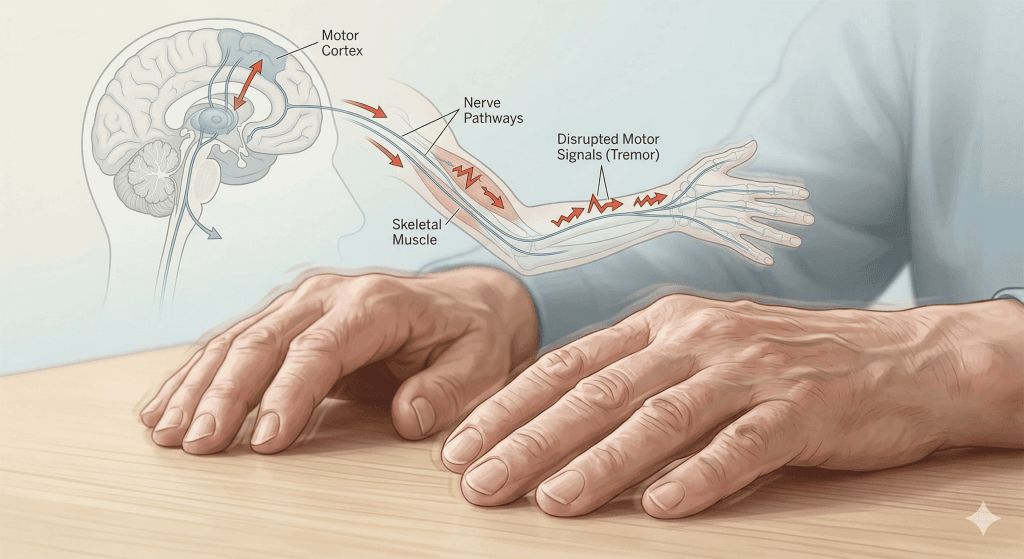 Types of symptoms of neurological disease showing tremors, muscle stiffness, and movement disorders