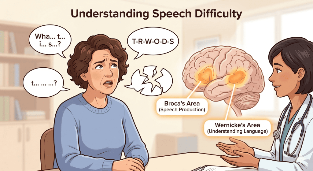 Types of symptoms of neurological disease causing slurred speech and difficulty in communication