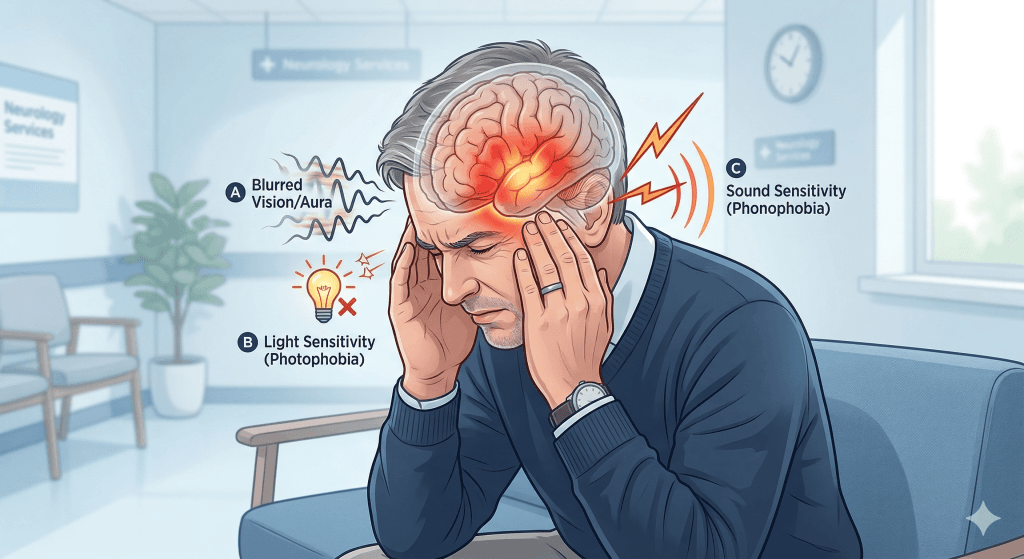 Types of symptoms of neurological disease showing severe migraine and headache pain in brain illustration
