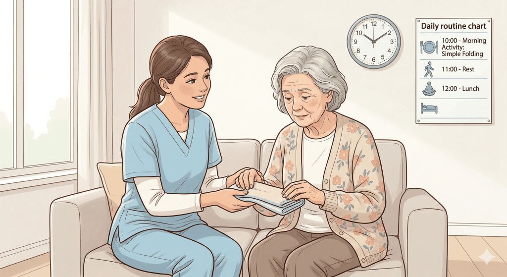 Caregiver tips for safe activties for the alzheimers with routine, safety, and one-step instructions