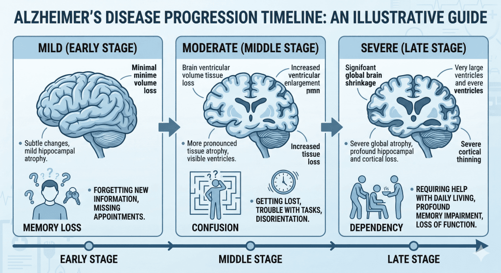 Life expectancy and stages of alzheimers shown as a timeline from mild to severe stages with brain changes