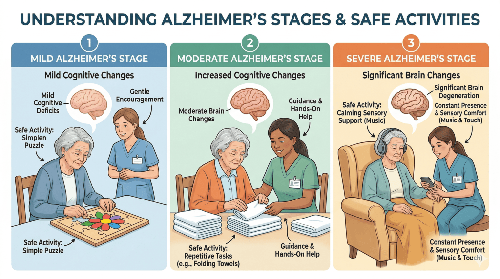 Stage-based safe activties for the alzheimers from mild to severe Alzheimer’s care