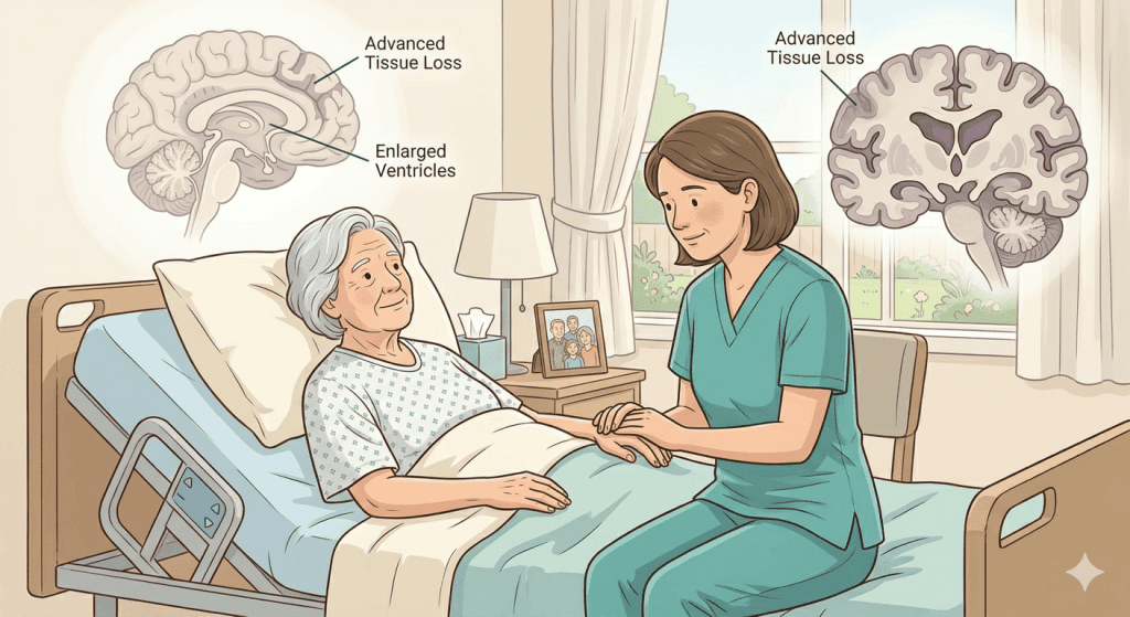 Severe stage life expectancy and stages of alzheimers showing full-time care and dependency