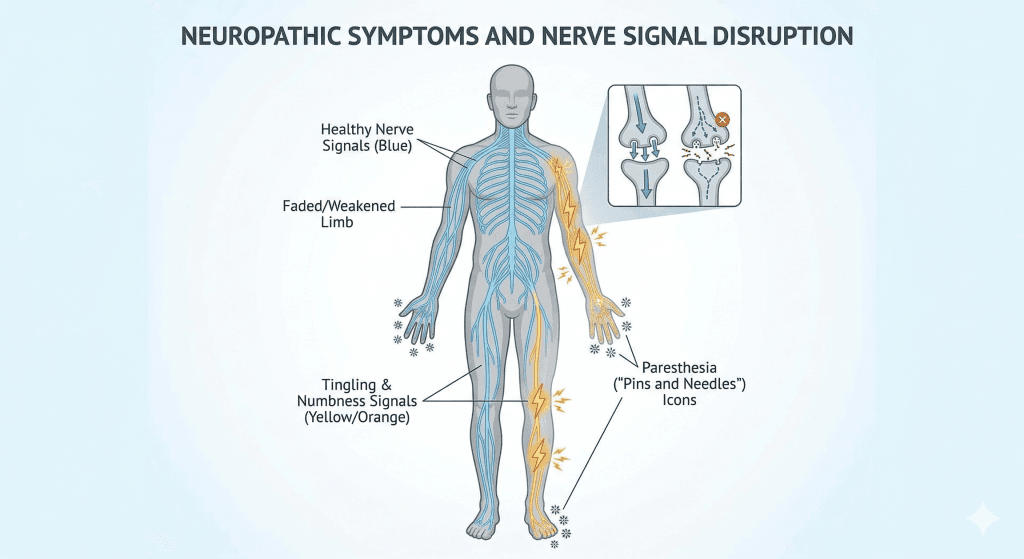 Types of symptoms of neurological disease with numbness, tingling, and limb weakness due to nerve damage