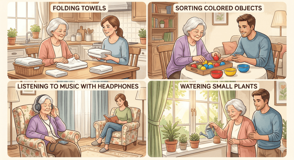 Safe activties for the alzheimers at home including folding towels, music, photos, and watering plants