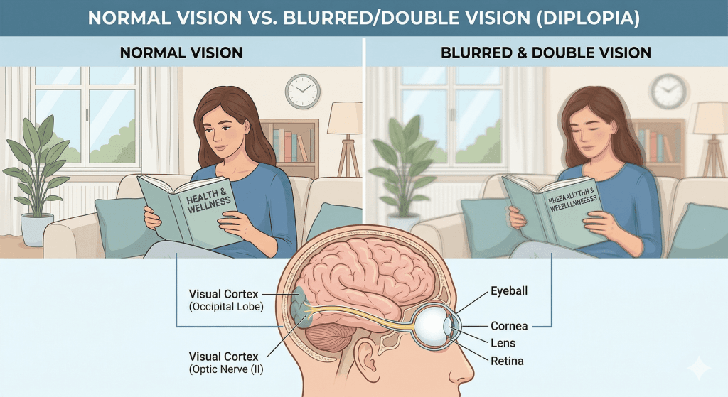 Types of symptoms of neurological disease affecting vision such as blurred vision and double vision