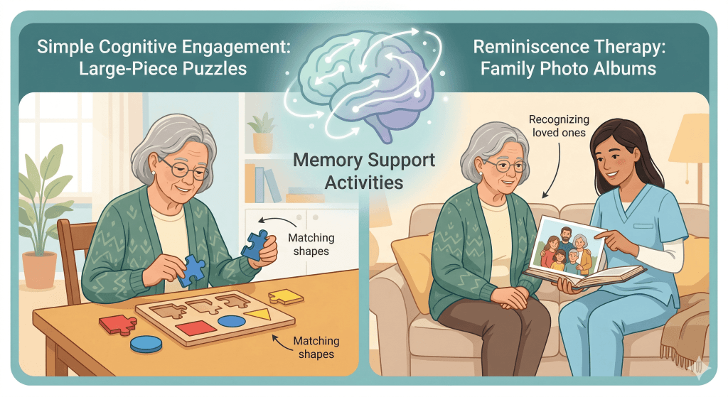 Safe activties for the alzheimers that support memory, including puzzles, songs, and family photos