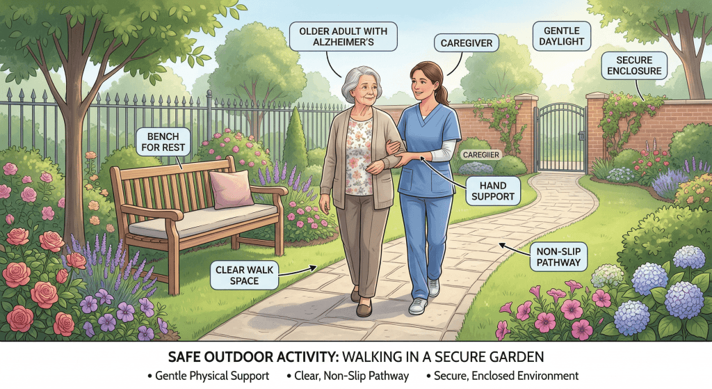 Safe activties for the alzheimers outdoors, such as supervised walking and sitting in a secure garden